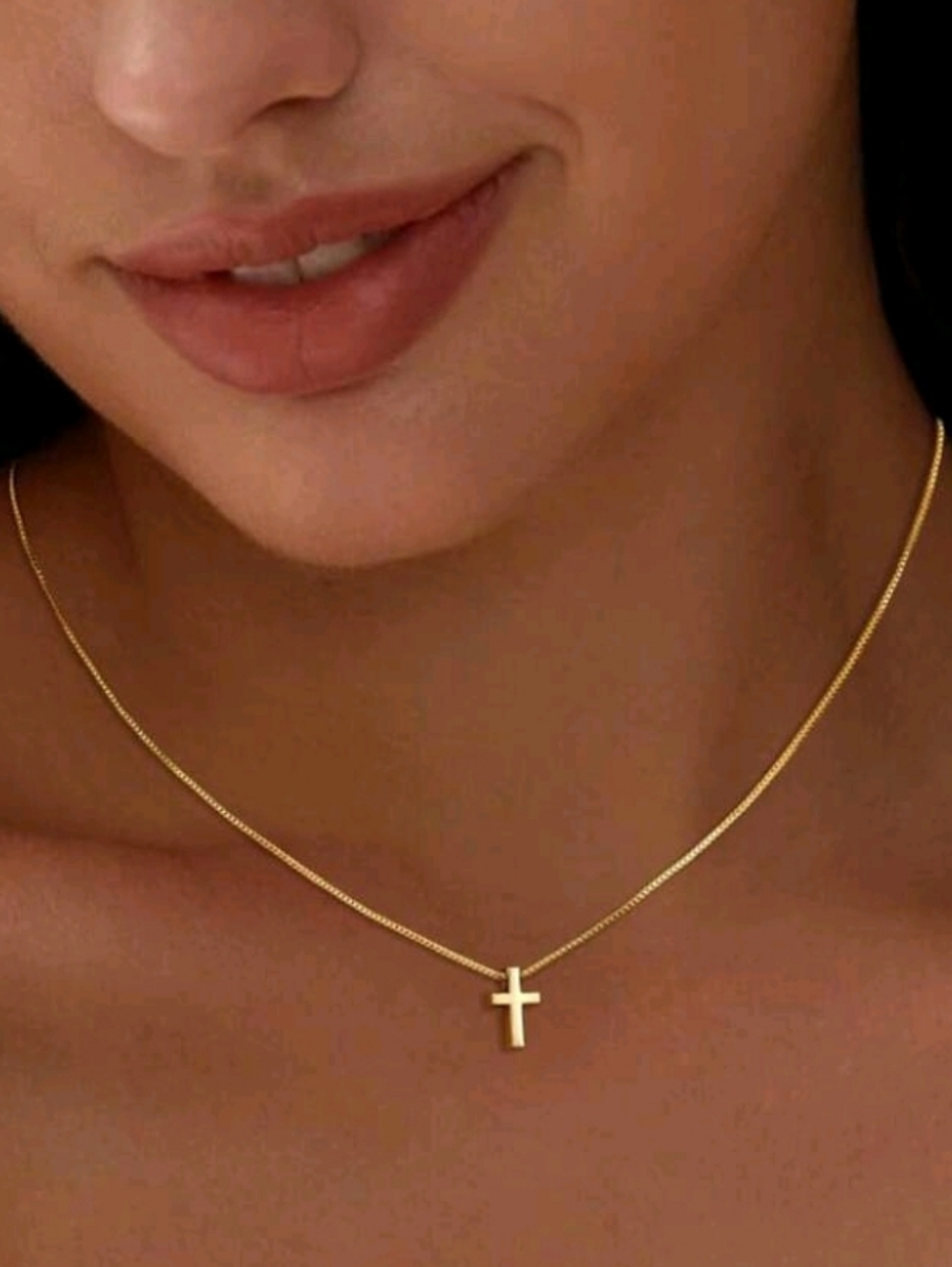 NEW! 14K Gold Plated Minimalist Tiny Chunky Cross Delicate Box Chain Necklace - Picture 3 of 4